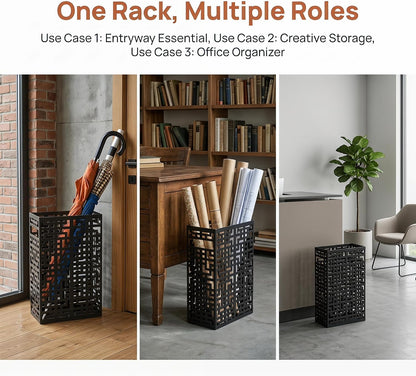 BEWBBAT Umbrella Stand Rack for Entryway, Hollow Metal Holder, FreeStanding Storage Bin for Long Umbrellas, Holds 6-7, Black