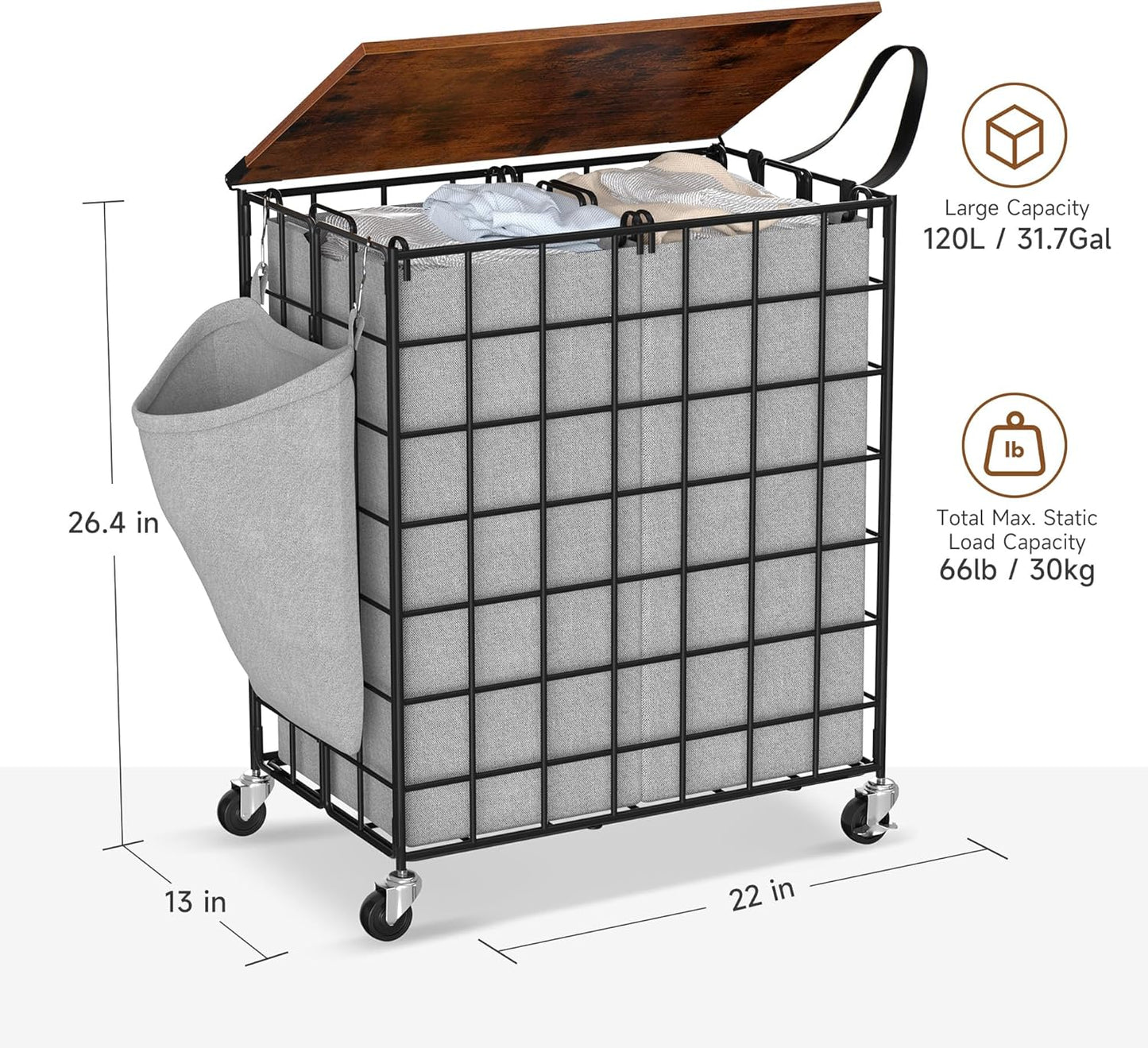 90L Laundry Basket with Wheels, Large Capacity Laundry Hamper with Removable Liner Bags, Heavy Duty Laundry Sorter with Solid Wood Lid & Leather Handles, Grey