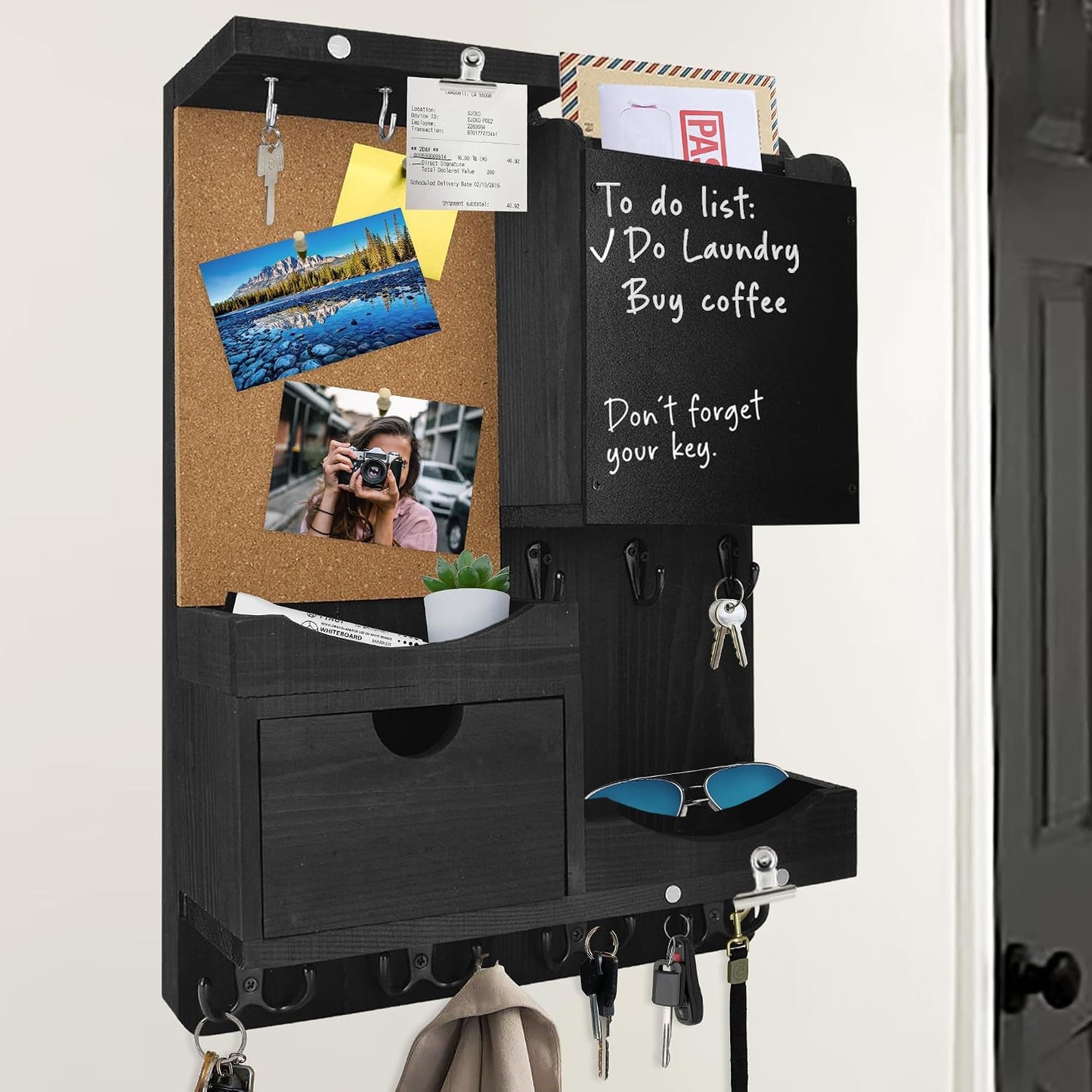 Key Holder for Wall Mount with Shelf and Mail Organizer, Key and Mail Holder with 16 Hooks, Farmhouse Entryway Organizer, Home Decor Rack (Pine Wood, White Washed)