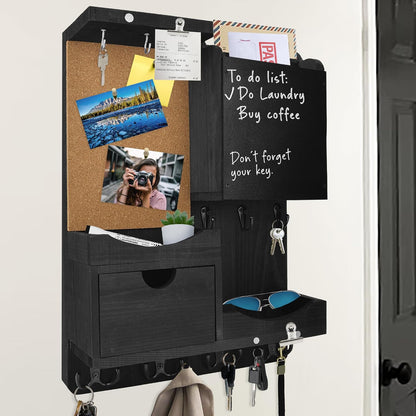 Key Holder for Wall Mount with Shelf and Mail Organizer, Key and Mail Holder with 16 Hooks, Farmhouse Entryway Organizer, Home Decor Rack (Pine Wood, White Washed)