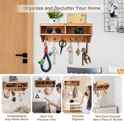 Key Holder Wall Mount with Mail Organizer, 6 Hooks & Shelf, Brown | Wood Key Holder Wall Mount with 6 Key Hooks, Shelf & Storage Box and Mail Organizer for Entryway, Apartment, Home and Office