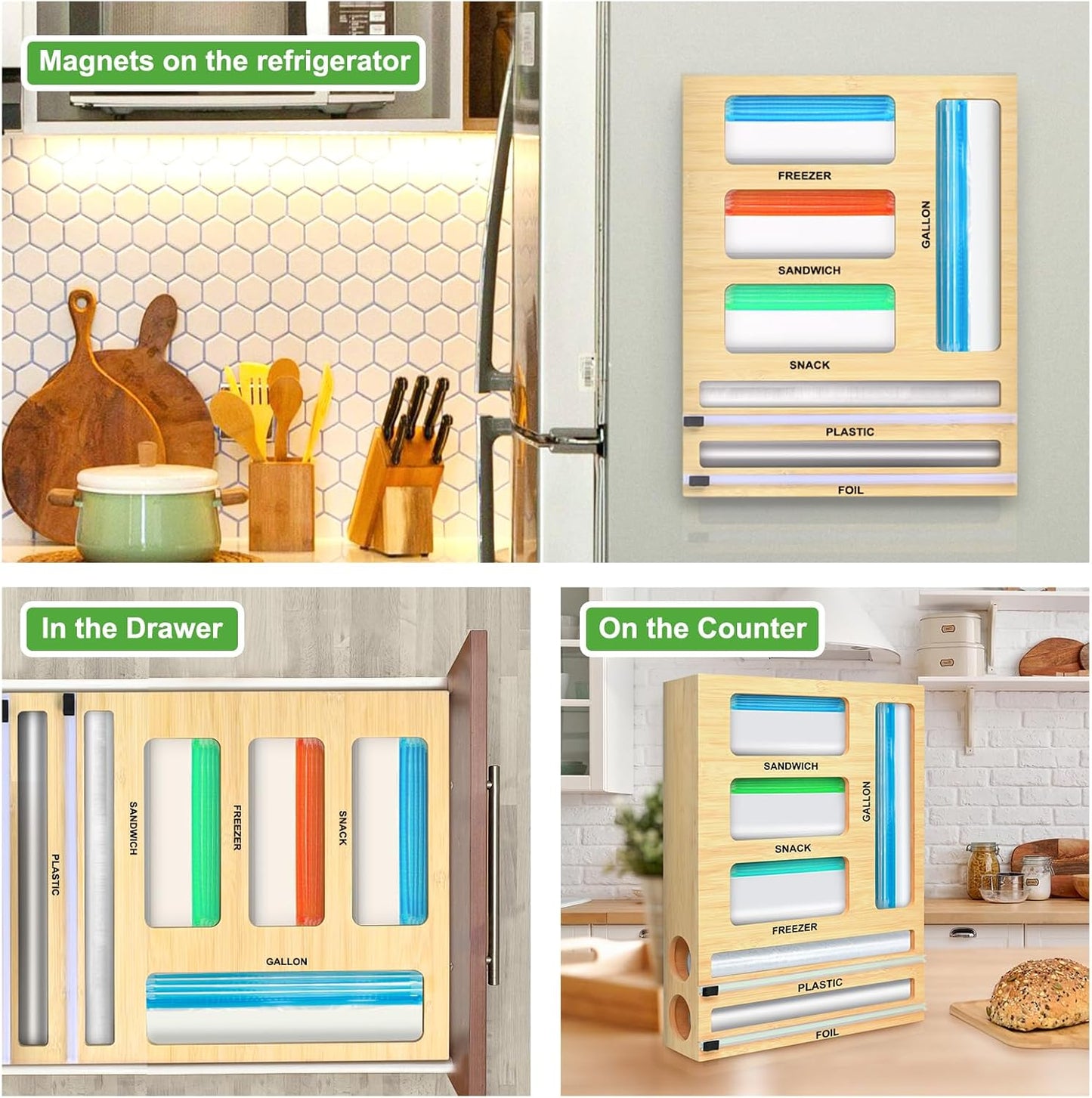 MSJGA Magnetic Plastic Wrap Dispenser with Cutter for Drawer&Refrigerator | 3 in 1 Fridge Bamboo Organizer for Tin Foil, Baking Paper, Wax Paper Holder Kitchen Storage Box Compatible,13" x 8.2" x 2.7"