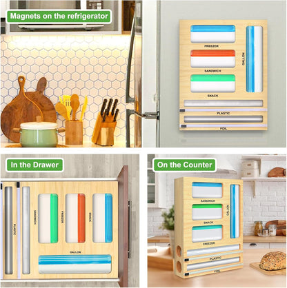 MSJGA Magnetic Plastic Wrap Dispenser with Cutter for Drawer&Refrigerator | 3 in 1 Fridge Bamboo Organizer for Tin Foil, Baking Paper, Wax Paper Holder Kitchen Storage Box Compatible,13" x 8.2" x 2.7"