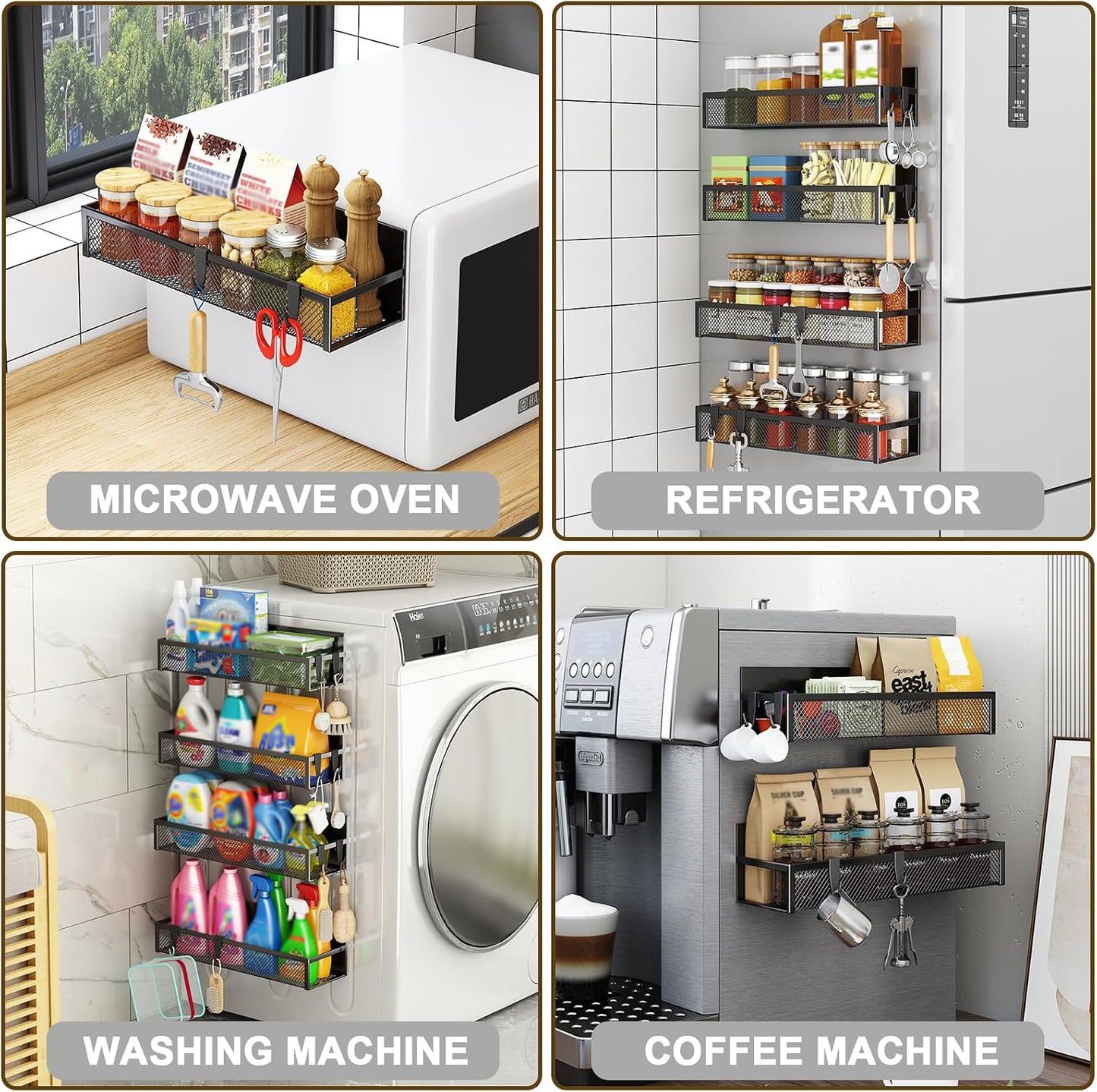 Aufworld Magnetic Spice Rack for Refrigerator, 3 Pack Magnetic Shelf, Moveable Fridge Organizer with 8-Hook Rack, Seasoning Organizer for Kitchen
