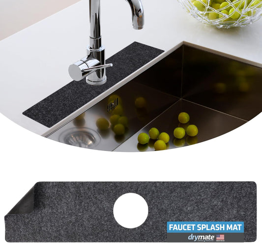 Drymate Faucet Splash Guard Mat for Kitchen & Bathroom Sink, Thin Countertop Drip Protector Drying Pad, Absorbent, Waterproof, Washable (USA Made) (18" W x 4.33" L x 0.13" H With Pre-Cut 2.5" Hole)