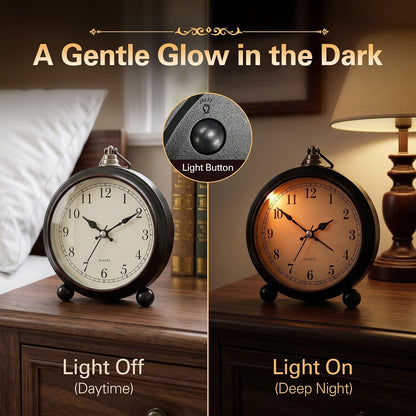 TooTa Vintage Retro Analog Alarm Clock, 4.5 inch Super Silent Non Ticking Small Clock with Night Light, Battery Operated, Simply Design, for Living Room, Bedroom, Bedside, Desk, Gift Clock (Arabic)
