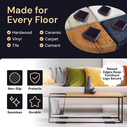 Non-Slip Furniture Pads - 4x4 in Brown, 4 Pack | Square rubber caster cups - anti-skid - Use for heavy sofas, beds & chairs on hardwood floors
