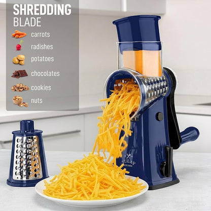 Zulay Kitchen Rotary Cheese Grater 5 Blade Cheese Shredder - Manual Hand Crank Cheese Grater With Reinforced Suction & 5 Interchangeable Drums - Easy to Use, Vegetable Chopper Round Mandoline Slicer - Colors A