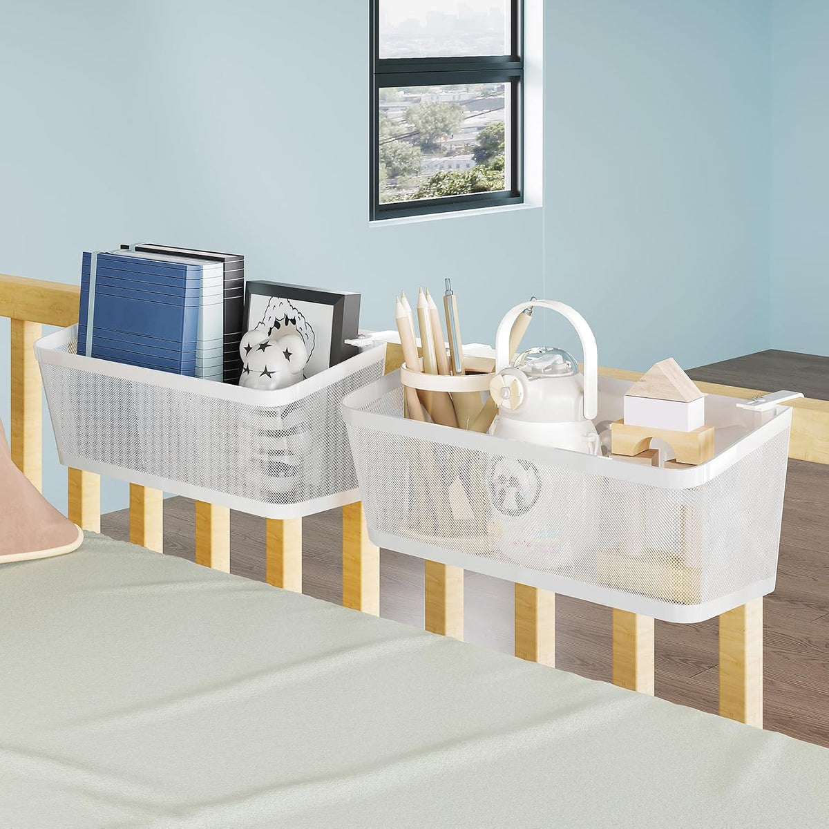 2 Pack Bedside Caddy Organizer, White Metal Hanging Storage Baskets for Bed Rail and Headboard, Bunk Bed Shelves, College Dorm Room Essentials, Holds Phones, Books, Tablets and Bottles (Extra Large)