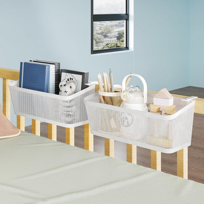 2 Pack Bedside Caddy Organizer, White Metal Hanging Storage Baskets for Bed Rail and Headboard, Bunk Bed Shelves, College Dorm Room Essentials, Holds Phones, Books, Tablets and Bottles (Extra Large)