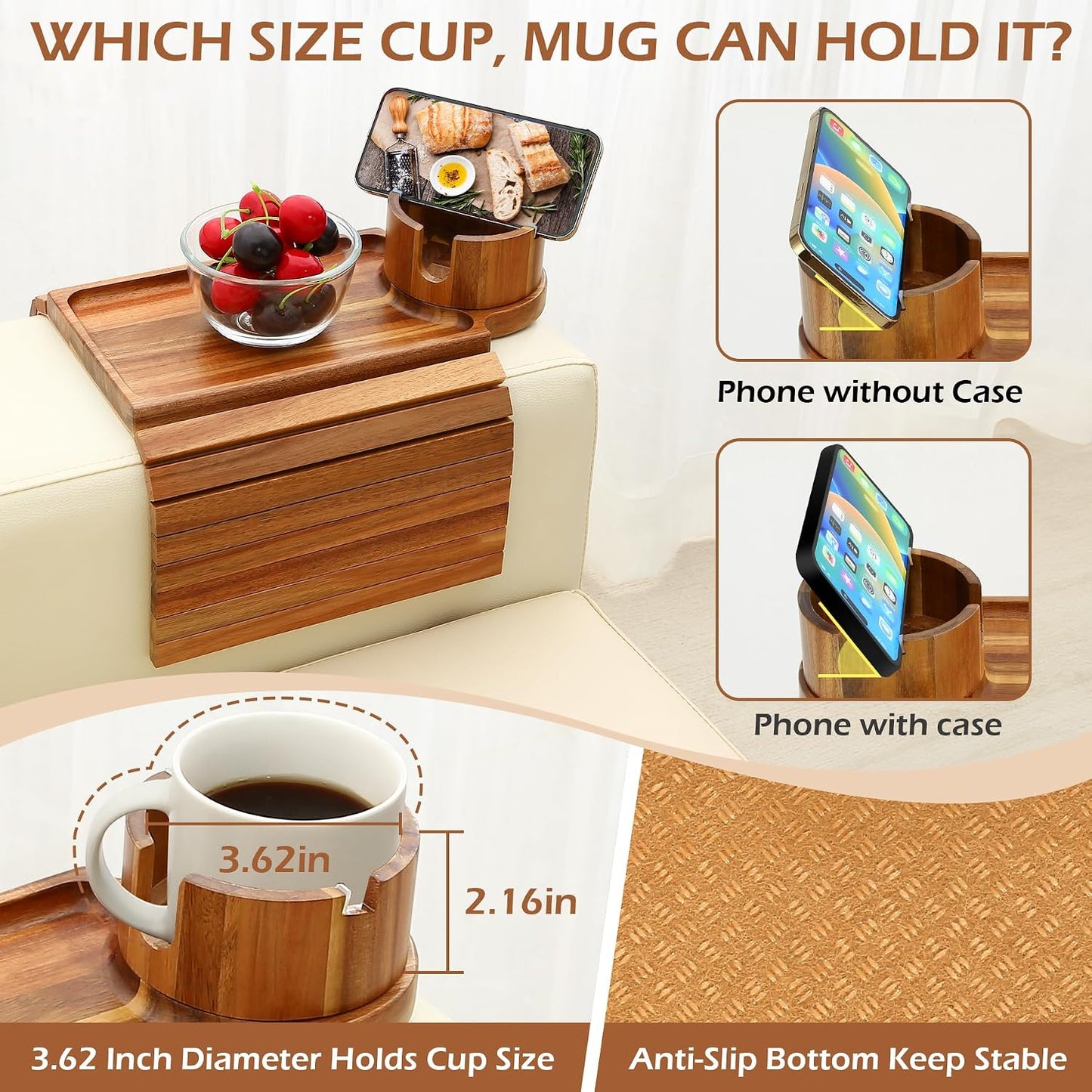 GHKINMAL Couch Cup Holder Tray, 3 in 1 Couch Arm Trays,Large Bamboo Chair Arm Rest Tray with 360° Cup Holder,Removable Anti-Slip Organizer for Snack Eating