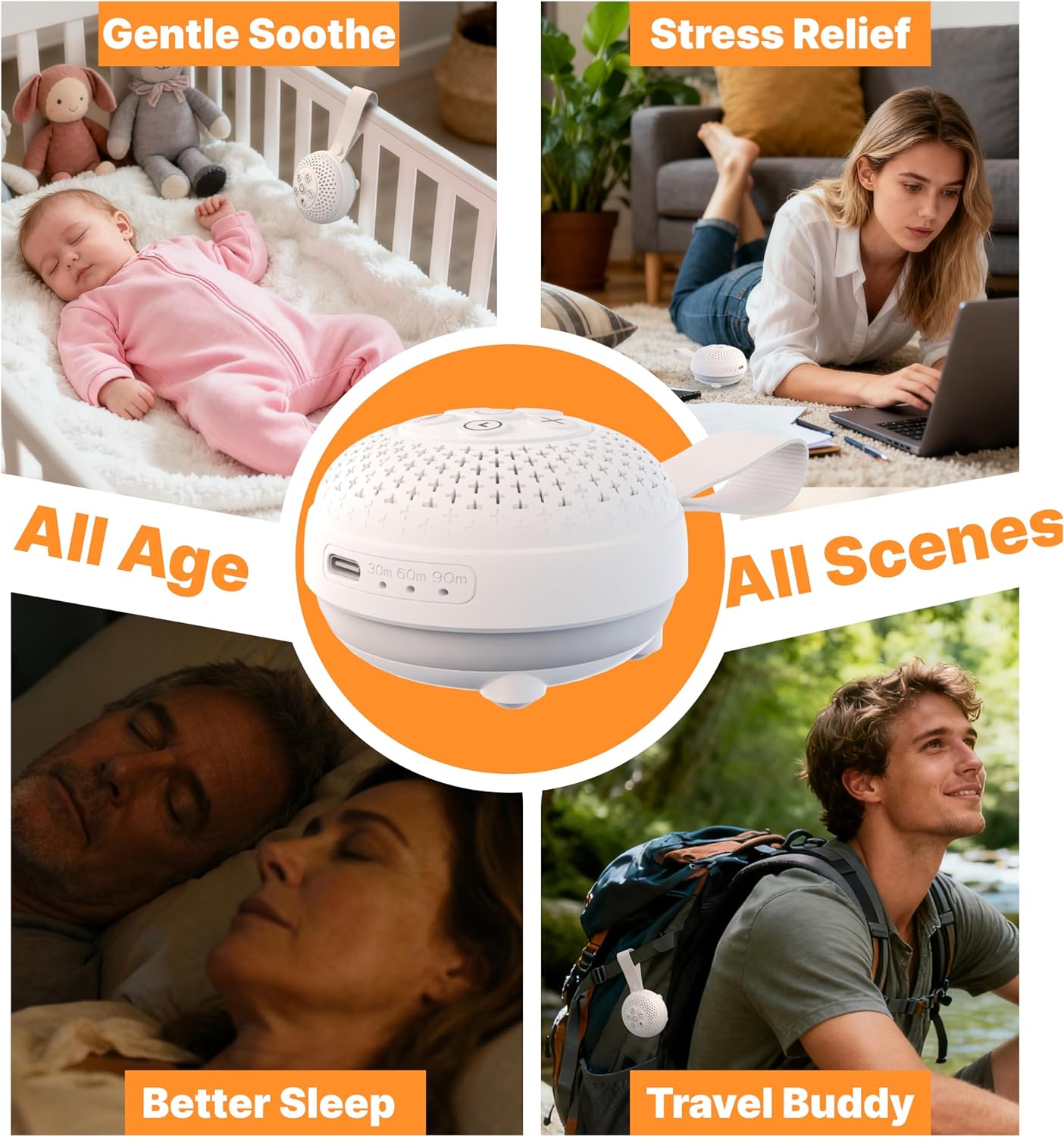 White Noise Machine per Bambini, Portable | 16 Soothing Sounds and Voice Recording，Sleep Sound Therapy with 3 Night Lights， Rechargeable Timer