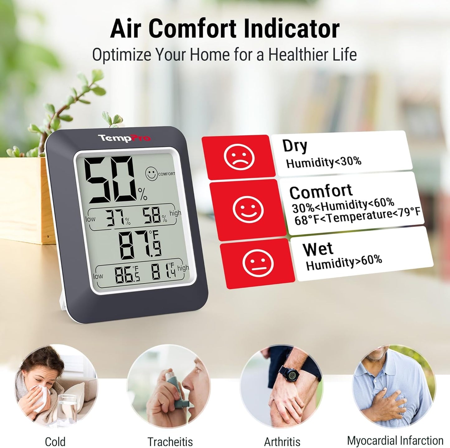 TempPro TempAir Digital Hygrometer Indoor Thermometer Humidity Monitor | Humidity Meter Room Thermometer Humidity Gauge with Temperature Humidity Monitor for House Celler Kitchen Greenhouse, 3 Pack