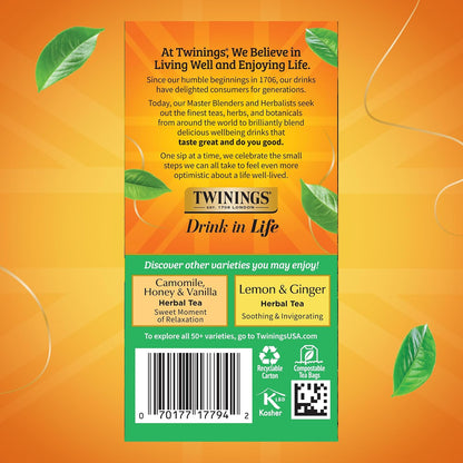 Twinings Mango & Pineapple Herbal Tea Individually Wrapped Bags, 20 Count (Pack of 1), Naturally Caffeine-Free, Enjoy Hot or Iced, 20 Teabags