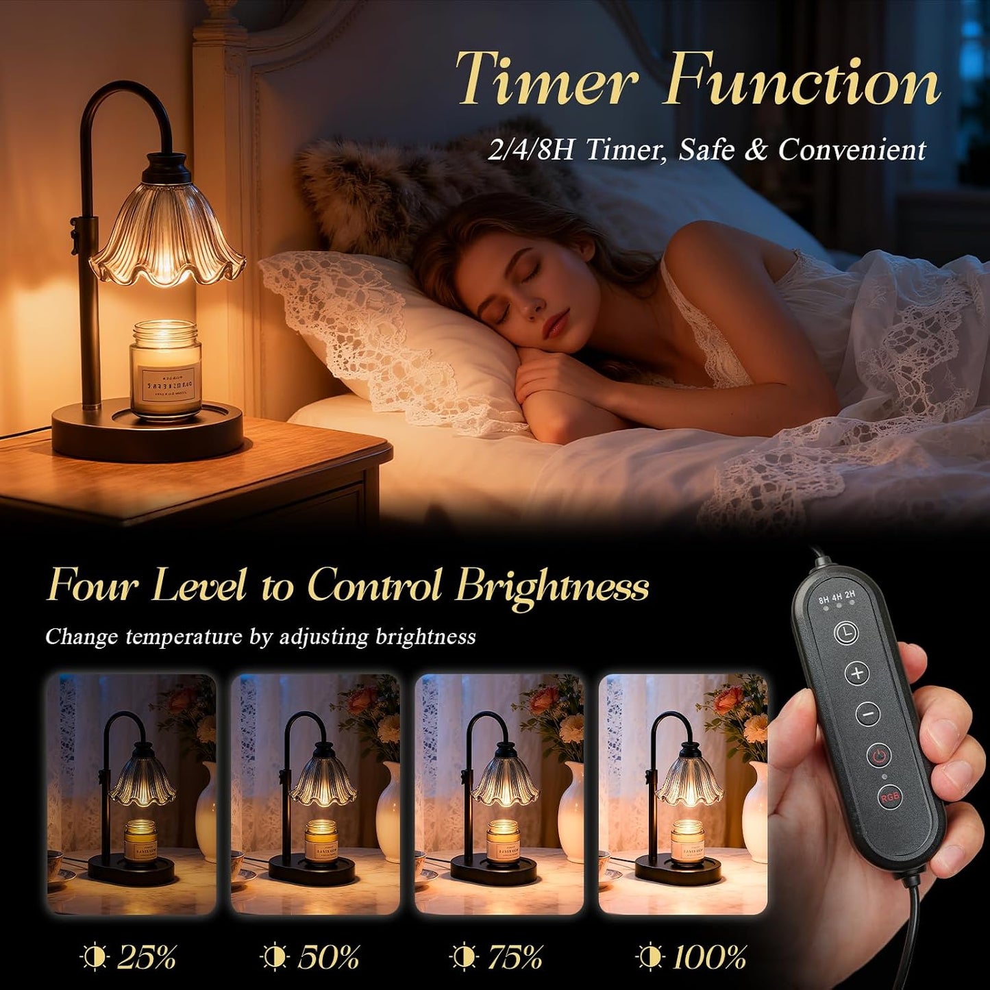 Flower Candle Warmer Lamp,Adjustable Timer & Dimmer(Green) | Adjustable height fits jars. Timer & dimmer safe melt. 2 bulbs & heat-proof base. Perfect for bedroom, office, or gifting.