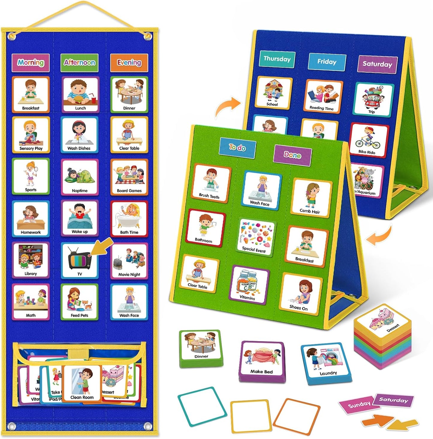 Large Visual Schedule for Kids Chore Reward Chart,Bedtime Routine Chart for Toddlers,Double Side Weekly Planner Board With 109 Cards for Home School Planner,Autism Learning Materials.