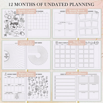 Everloria Premade Dotted Journal Notebook, 12 Months Pre-made Bullet Templates, 260 Hand-Drawn Coloring Pages, Undated Weekly & Monthly Planner, 7.8"x9.3" Linen Dot Grid Mood Habit Tracker, Lilac