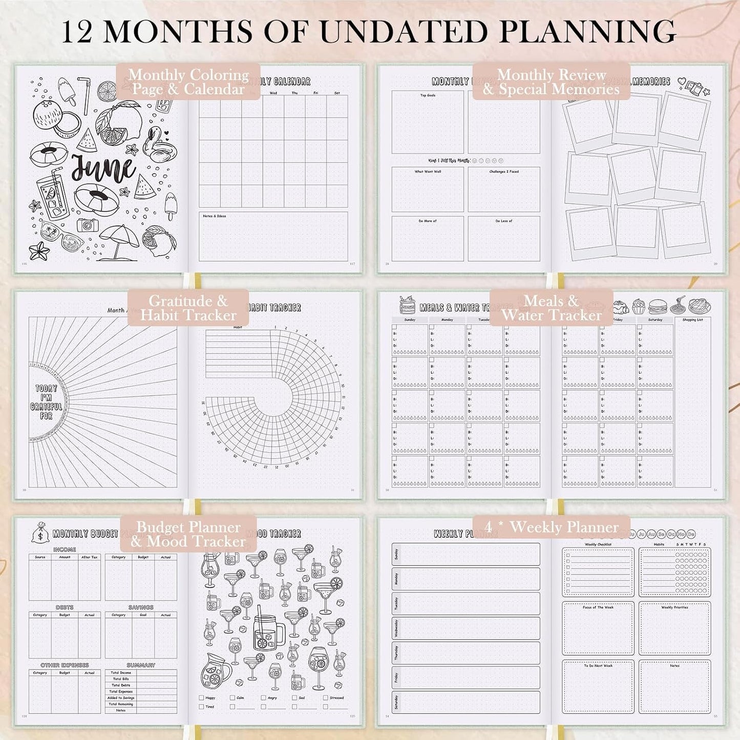 Everloria Premade Dotted Journal, 12 Months Pre-made Templates Bullet Notebook, 260 Hand-Drawn Coloring Pages, Undated Weekly & Monthly Planner, 7.8"x9.3" Linen Dot Grid Habit Mood Tracker, Sage Green