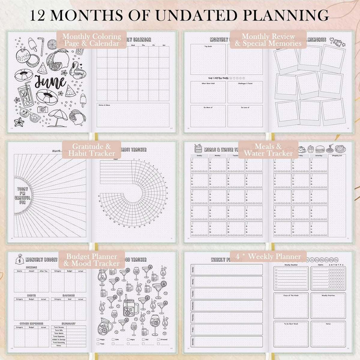 Everloria Premade Dotted Journal Notebook, 12 Months Pre-made Bullet Templates, 260 Hand-Drawn Coloring Pages, Undated Weekly & Monthly Planner, 7.8"x9.3" Linen Dot Grid Mood Habit Tracker, Lilac