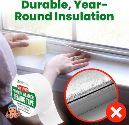 ECOHomes Window Weather Sealing Tape (2 Inch Wide x 90 Ft, Clear) | Weather Stripping Tape, To Stop Drafts Through Window Gaps and AC Units, Insulation Seal for Home and Air Conditioners