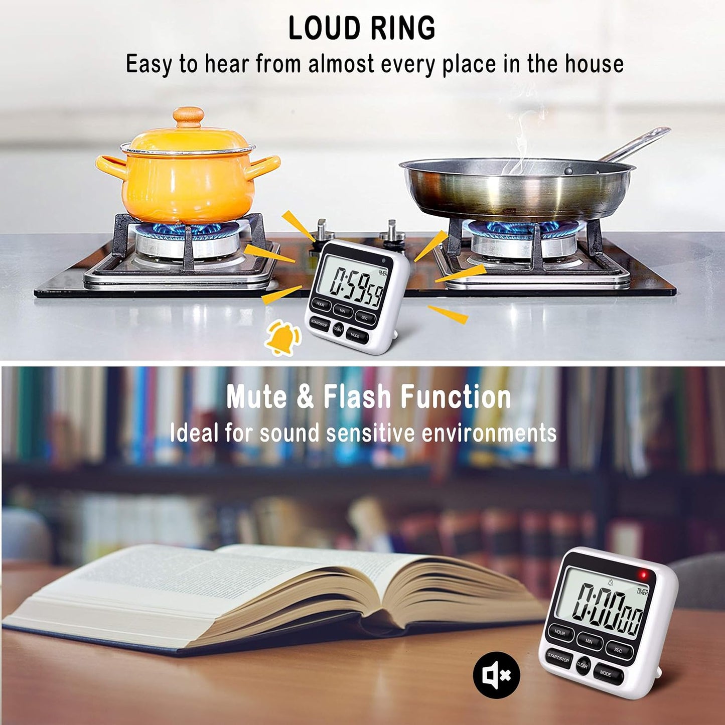 4-in-1 Digital Timer with Count Up/Down, Clock & Alarm, Ring & Silent Modes | Large 2.8-Inch easy-read LCD, On/Off switch, 24-Hour count up/down, Fast-forward function, Magnetic back, stand, hanging hole