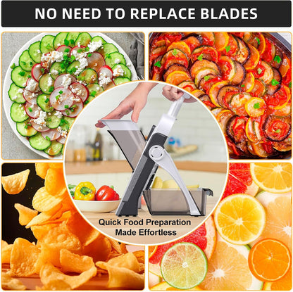 Jonscook All-in-1 Safe Mandoline Slicer for Kitchen, Vegetable Slicer with Container, Adjustable Veggie Mandoline, French Fry Cutter, Potato/Tomato/Onion Slicer, Grater/Cleaning Brush (Black Knight)