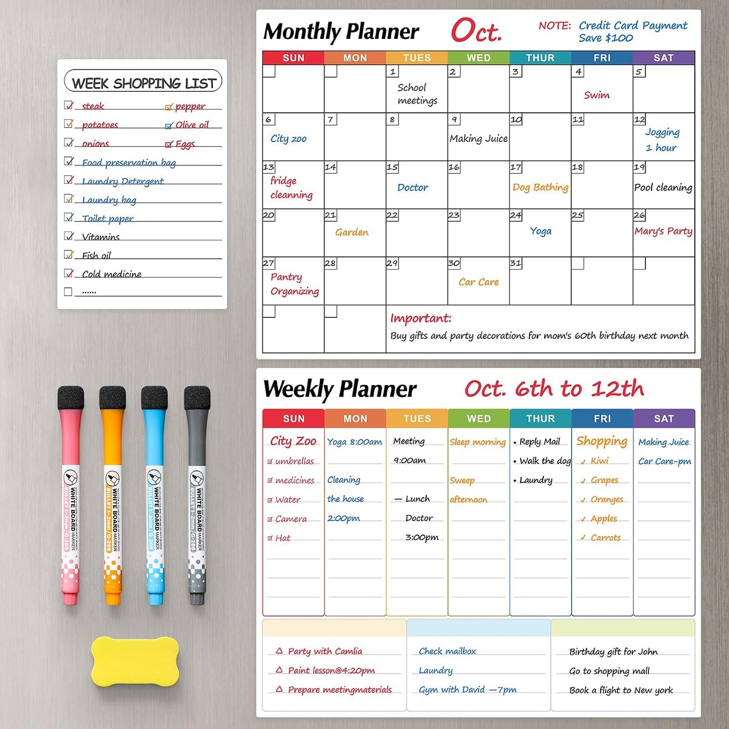 Dry Erase Magnetic Calendar for Refrigerator, 3 Pack- Monthly & Weekly & Daily Planner Magnet Whiteboard for Fridge Wall Door - Shopping, Meal/Menu, To Do List, Family Schedule Planning Board, 14"x11"
