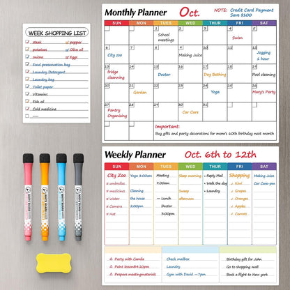 Dry Erase Magnetic Calendar for Refrigerator, 3 Pack- Monthly & Weekly & Daily Planner Magnet Whiteboard for Fridge Wall Door - Shopping, Meal/Menu, To Do List, Family Schedule Planning Board, 14"x11"