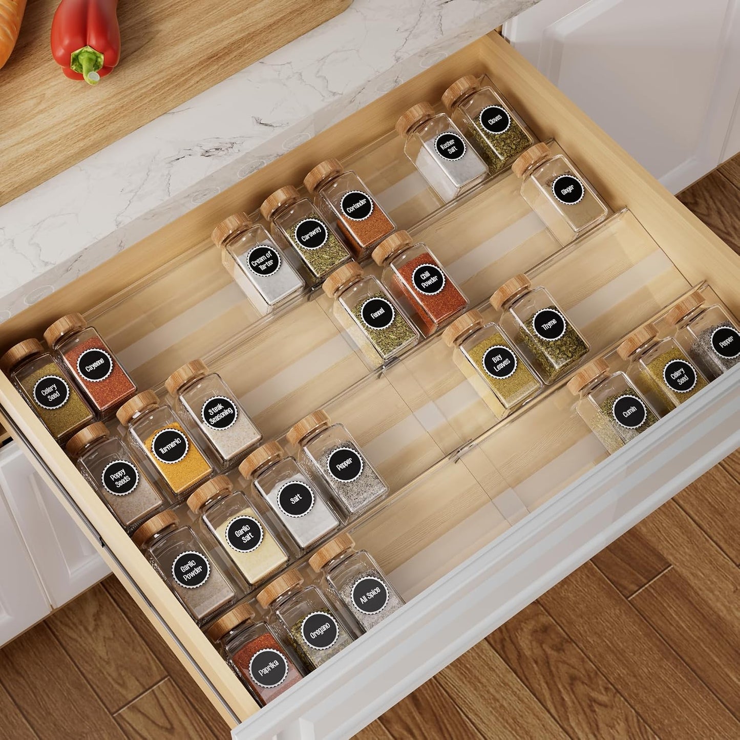 8-Pack Spice Drawer Organizer, Expandable Acrylic Seasoning Rack (13" to 26") with Anti-Slip Mat, Kitchen Spice Rack Holds up to 56 Jars (Jars Not Included)