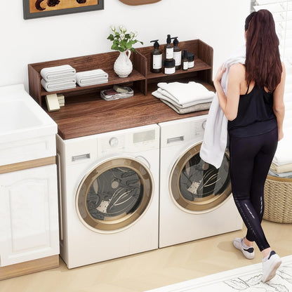2 Tier Wooden Washer Dryer Topper, Large Laundry Countertop Cover, Walnut | Washer And Dryer Topper Non-Slip Pads,Over Washer And Dryer Shelves For Clothes Folding,Space Saving Laundry Room Organizer