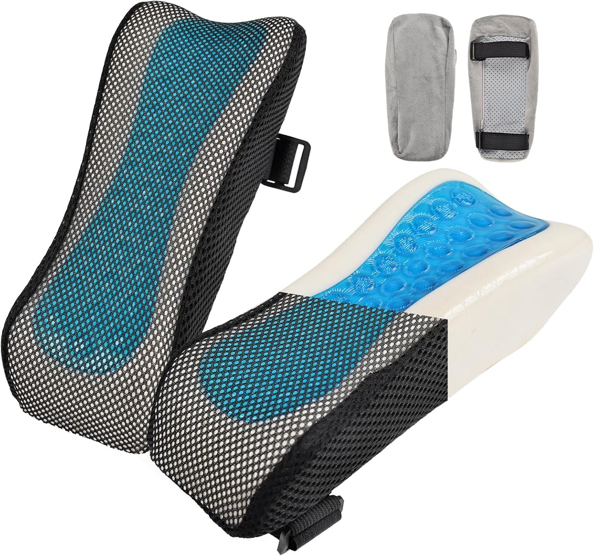THARAHT 2pcs Ergonomic Blue Mesh Gel Memory Foam Armrest Support Pillow Anti Slip Adjustable Office Chair Games Home Wheelchairs