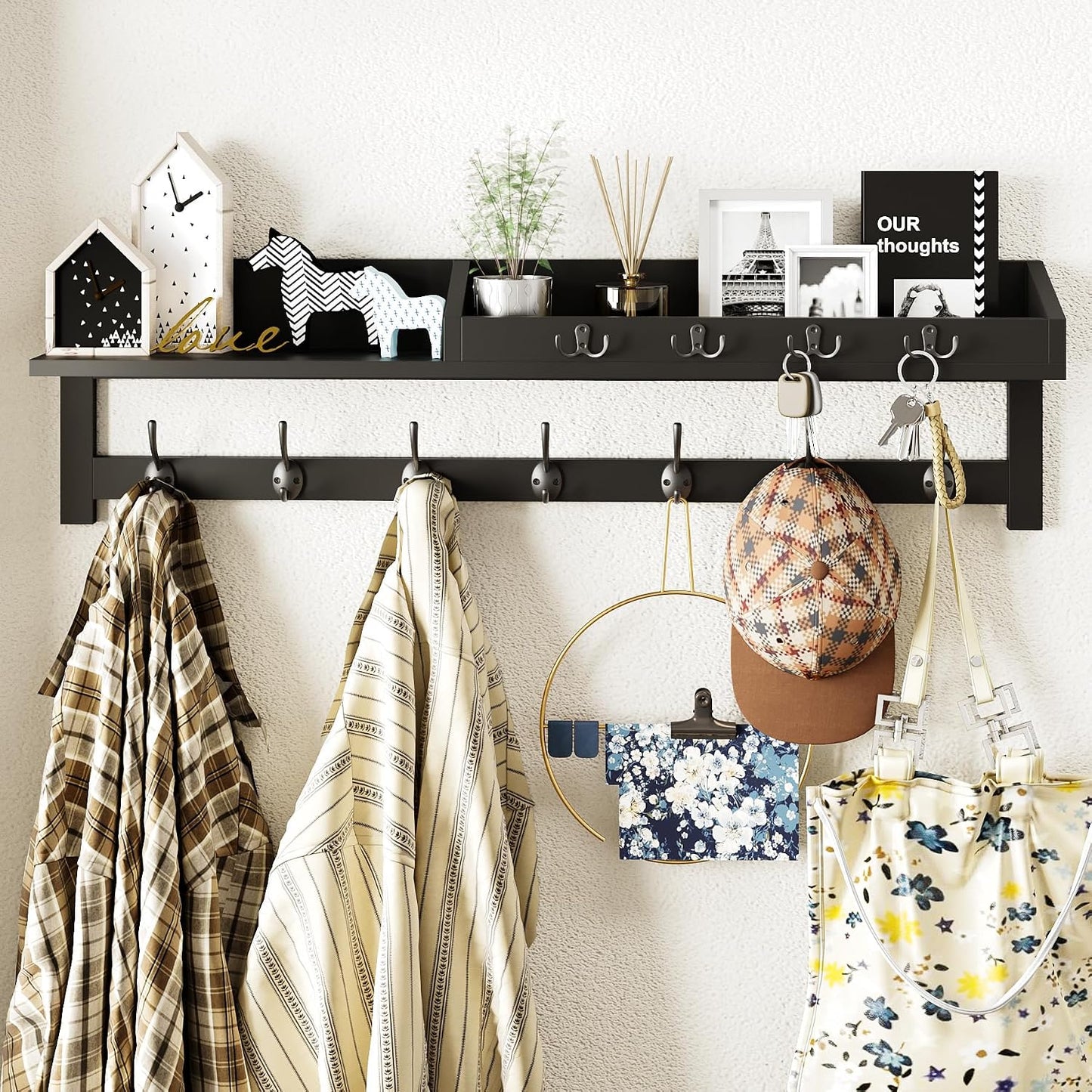 AMBIRD Wall Hooks with Shelf, 26.57 Inch Entryway Wood Coat Hooks for Wall with Shelf, Coat Rack Wall Mount with 5 Dual Hooks 3 Key Hooks Mail Organizer and Key Rack Holder (Brown)