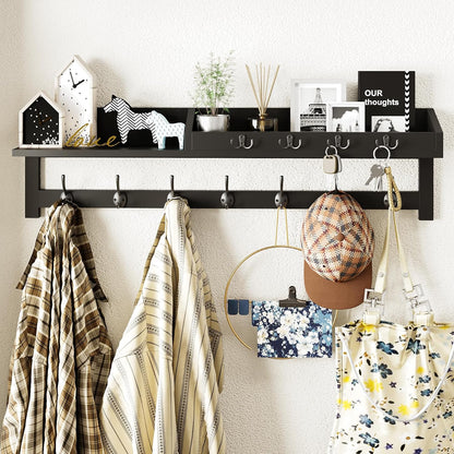 AMBIRD Wall Hooks with Shelf, 26.57 Inch Entryway Wood Coat Hooks for Wall with Shelf, Coat Rack Wall Mount with 5 Dual Hooks 3 Key Hooks Mail Organizer and Key Rack Holder (Brown)