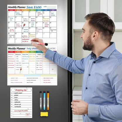 Dry Erase Magnetic Calendar for Refrigerator, 3 Pack- Monthly & Weekly & Daily Planner Magnet Whiteboard for Fridge Wall Door - Shopping, Meal/Menu, To Do List, Family Schedule Planning Board, 14"x11"