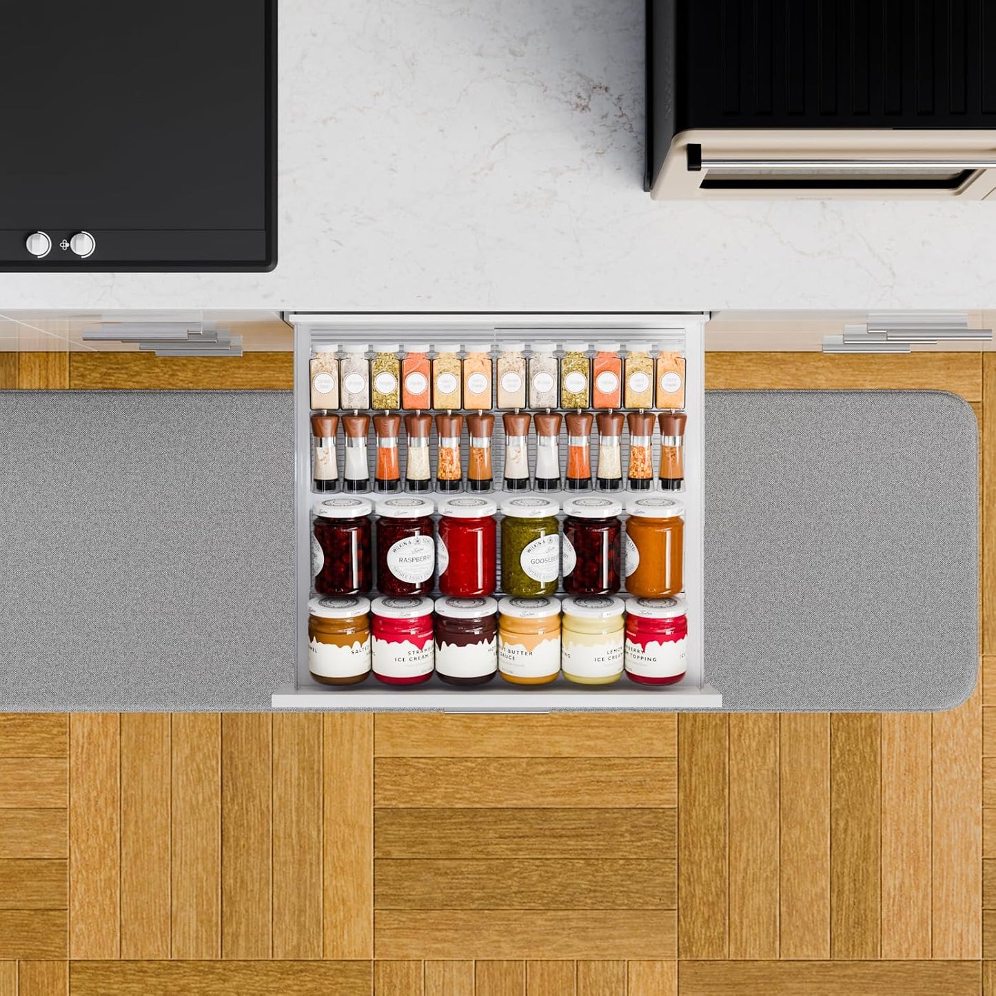 4 Pack Adjustable Narrow Spice Rack for Drawer - Expandable From 9" to 17.7" - Acrylic Drawer Seasoning Organizer,Tiered Clear Spice Tray for Spices,Condiment,Nail Polish and Jar Organization