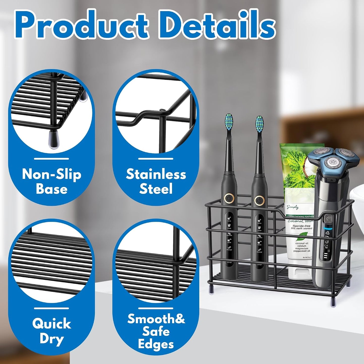Electric Toothbrush Holders for Bathrooms 304 Stainless Steel Quick Drying | Upgrade Heavy Duty Sturdy Durable Toothpaste Holder Bathroom Organizer Storage Decor Accessories Tooth Brush Holder Caddy
