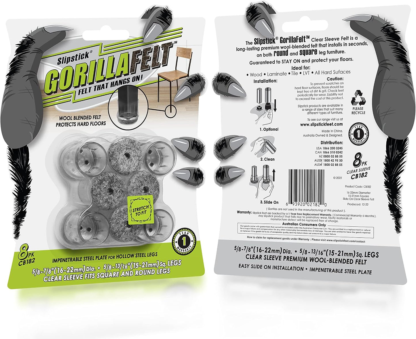 Slipstick Gorilla Felt Furniture Pads (189 Piece Variety Pack) Premium Furniture Pads & Chair Leg Floor Protectors for Hardwood Floors & Hard Surfaces
