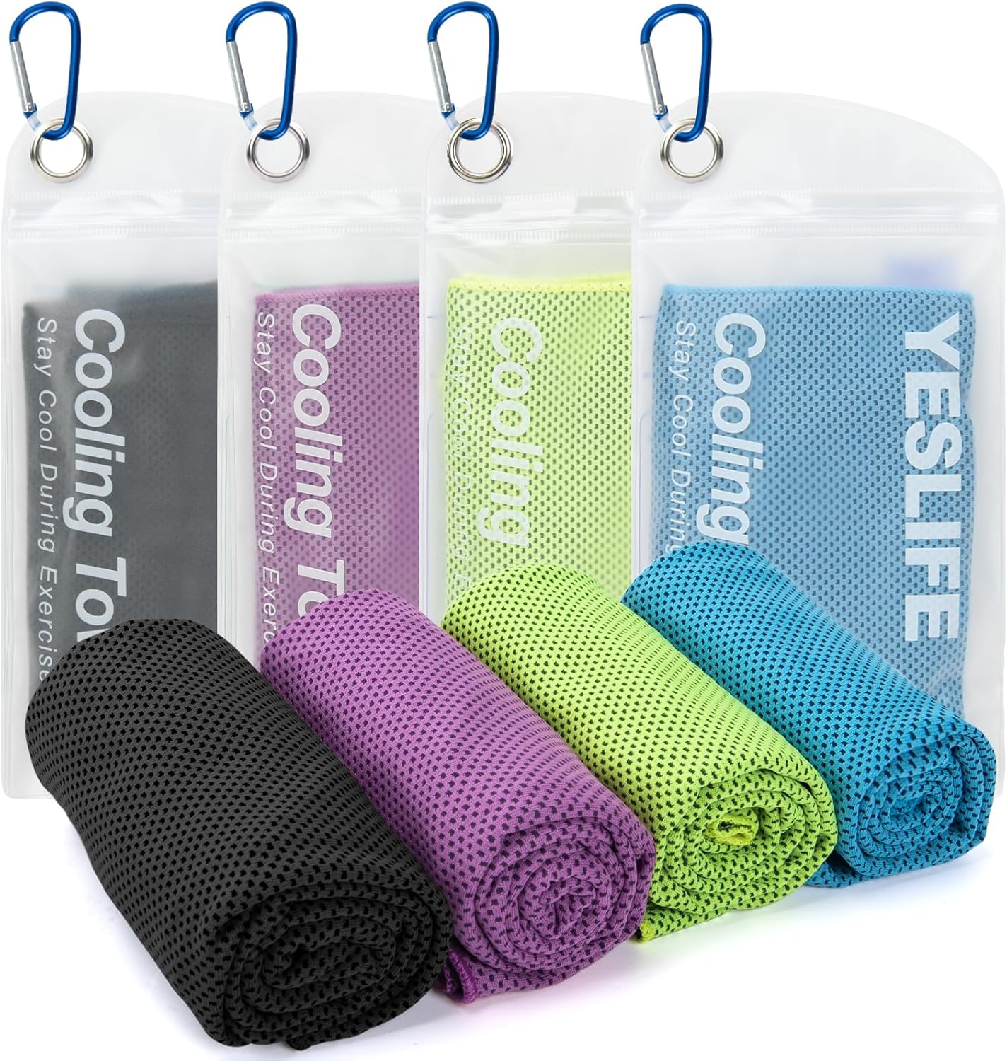 YESLIFE Cooling Towels, 4-Pack 40"x12", Multicolor Set A | Microfiber gym towels, soft breathable neck wrap, cooling towel for yoga running sport camping, Multicolor, 4-pack
