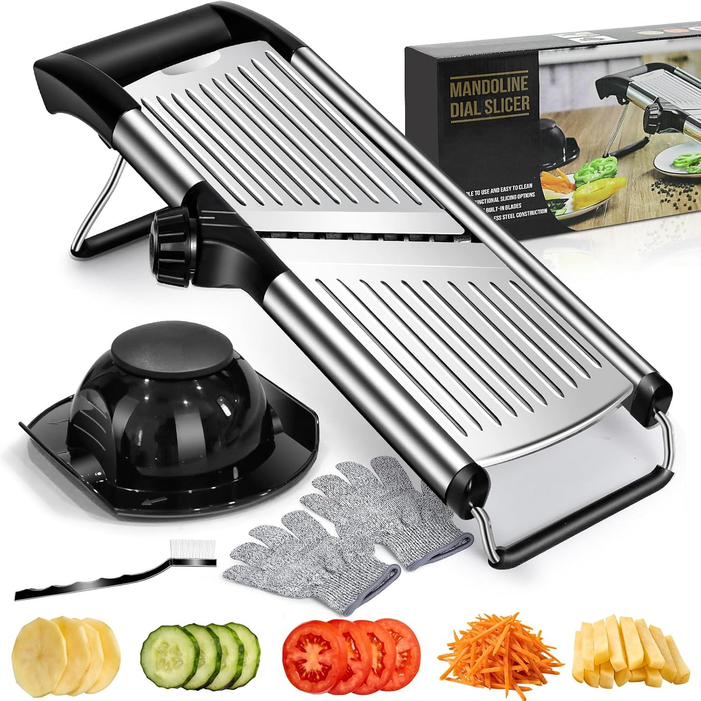 MASTERTOP Mandoline Slicer, 5 in 1 Mandoline Food Slicer, Dishwasher Safe | Stainless Steel Mandoline Slicer, Adjustable Vegetable Slicer for Fruit, Cheese, Send Cut Proof Gloves & Cleaning Brush