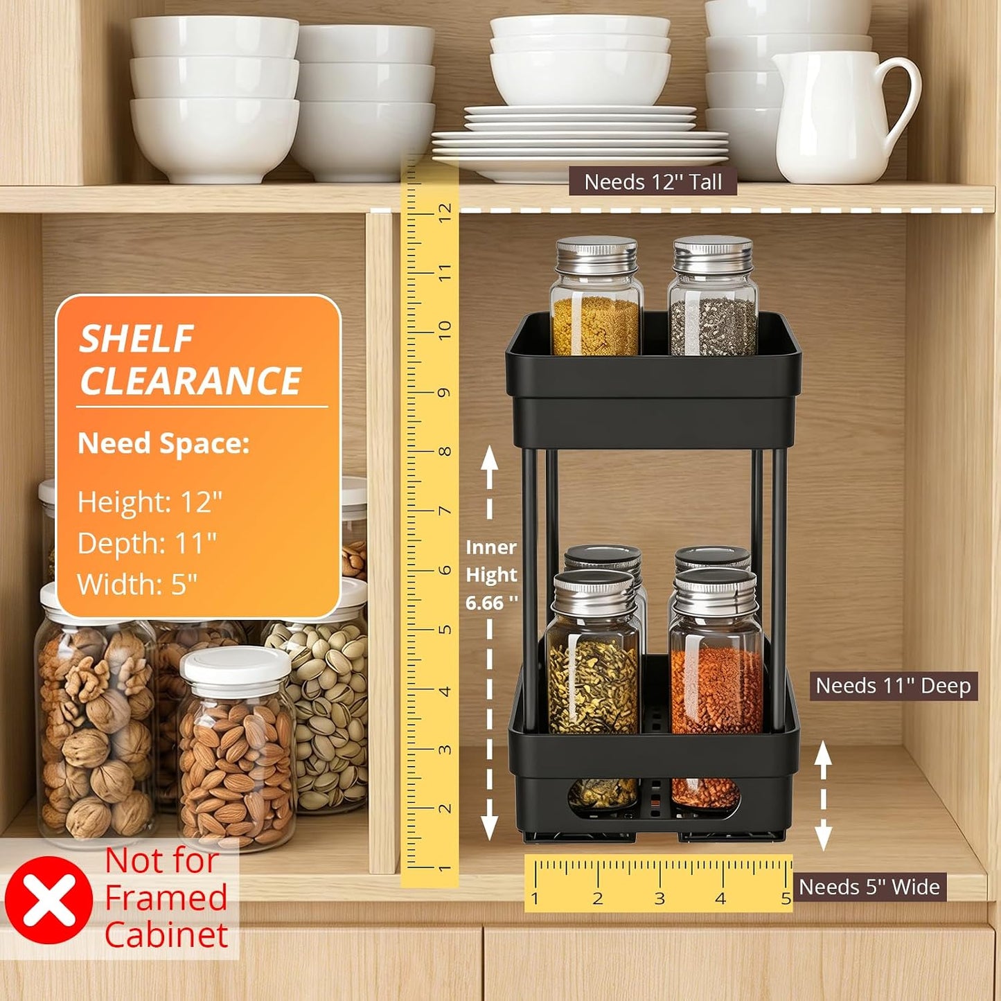Pull Out Spice Rack Organizer for Cabinet, 3 Packs Slide Out Spice Racks Organizer, Spice Cabinet Organizers, Cabinet Size Need:12'' Highx11'' Deepx5'' Wide,Each Tier Hold 10 Spice Jar - 2 Tier, Black
