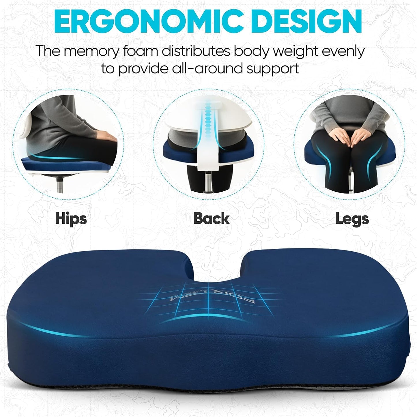 FORTEM Seat Cushion, Office Chair Cushion, Memory Foam Car Seat Cushions, Sciatica Coccyx Tailbone Pain Relief, Chair Cushions for Back Support, Sitting Pad for Gaming, Washable Cover, Non Slip