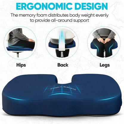 FORTEM Seat Cushion, Office Chair Cushion, Memory Foam Car Seat Cushions, Sciatica Coccyx Tailbone Pain Relief, Chair Cushions for Back Support, Sitting Pad for Gaming, Washable Cover, Non Slip