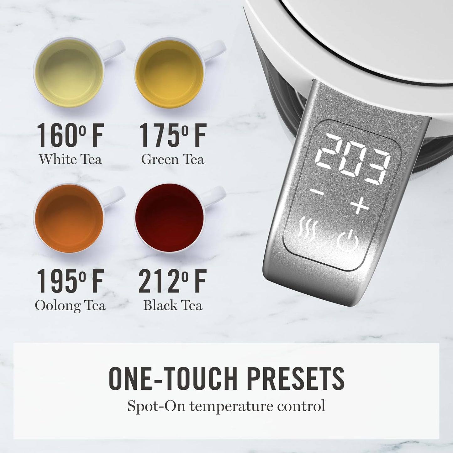 Martha Stewart 1.7L Glass Carafe Electric Kettle with Removable Tea Infuser | 7 Cups, 4 Presets, Rapid Boiling, Stainless Steel Tea Leaf Infuser, Cordless Swivel Base, Keep Warm, Auto Shut-Off, Linen
