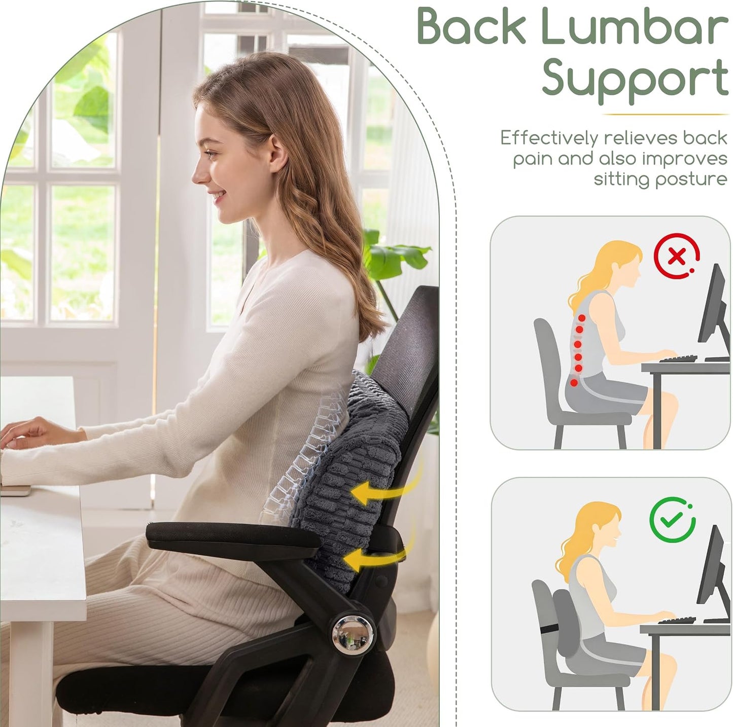 Lumbar Support Pillow for Recliner Chair/Office Chair/Couch, Memory Foam Back Support Cushion with Adjustable Strap, Recliner Cushions for Lower Back Pain Relief, Sleeping, Washable Cover, Beige