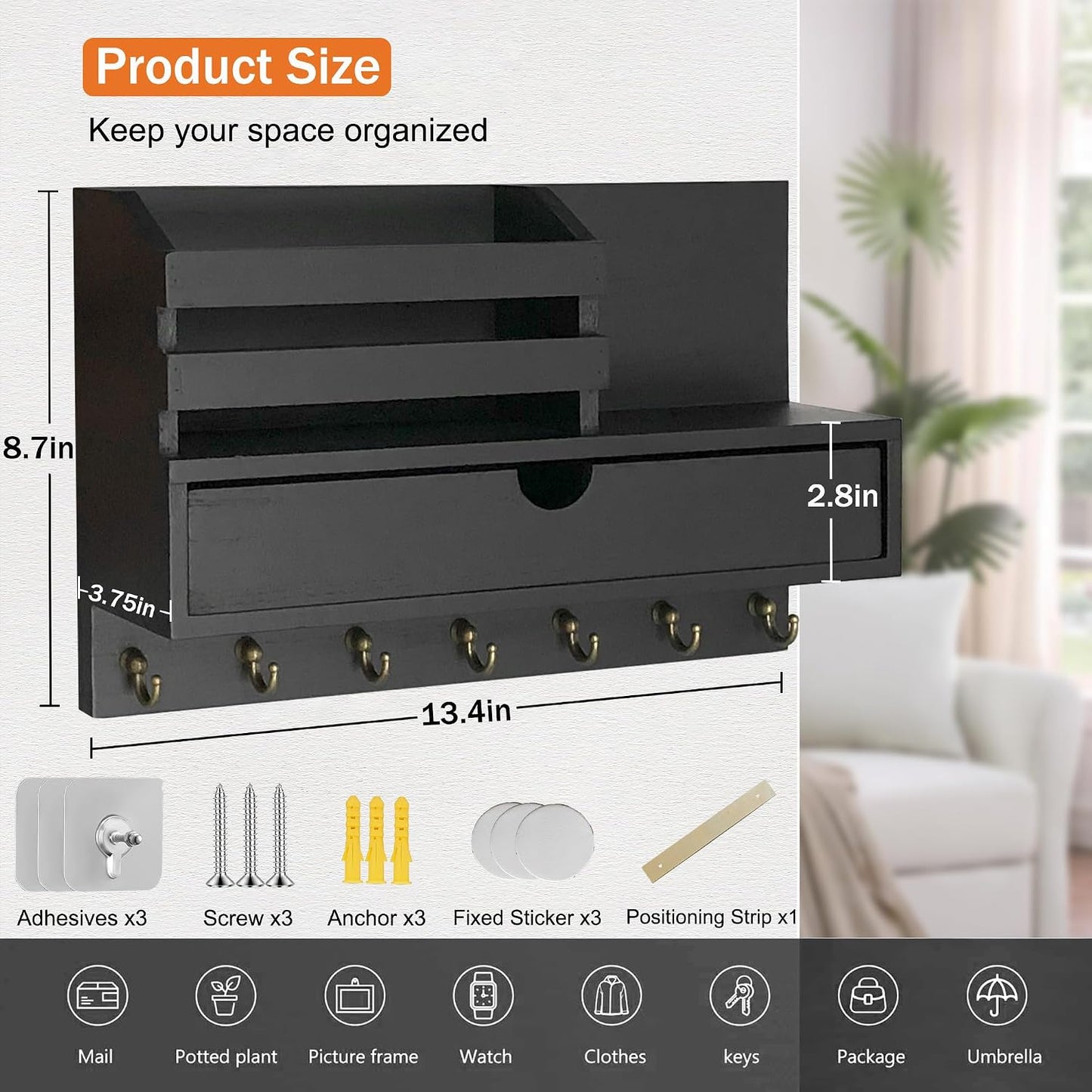 dreampossible Key and Mail Holder for Wall, Mail Organizer Wall Mount with 6 Hooks and Storage Drawer, Wooden Key Rack Hanger with Shelf for Entryway and Home Decor