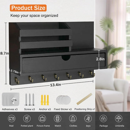 dreampossible Key and Mail Holder for Wall, Mail Organizer Wall Mount with 6 Hooks and Storage Drawer, Wooden Key Rack Hanger with Shelf for Entryway and Home Decor