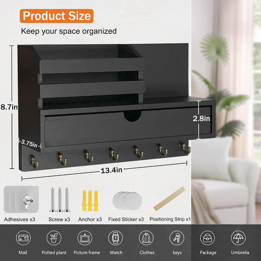 dreampossible Key and Mail Holder for Wall, Mail Organizer Wall Mount with 6 Hooks and Storage Drawer, Wooden Key Rack Hanger with Shelf for Entryway and Home Decor