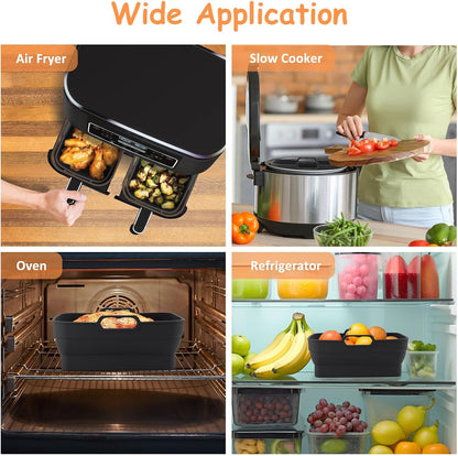 2Pcs Air Fryer Silicone Liners with Magnetic Cheat Sheet, 8-10 QT, Grey | 2 Pack, Reusable, Replacement Basket Bowl, Collapsible Baking Tray, Air Fryer Accessories