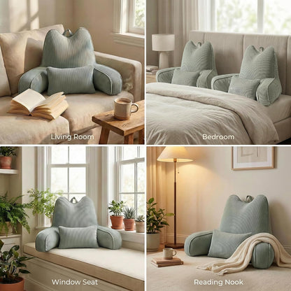 Patented Design Reading Pillow with Arms for Sitting Up, 2-in-1 Bed Rest Pillow with Detachable Lumbar Support, Backrest Support Cushion for Couch with Side Pockets & Handle, Beige Gray