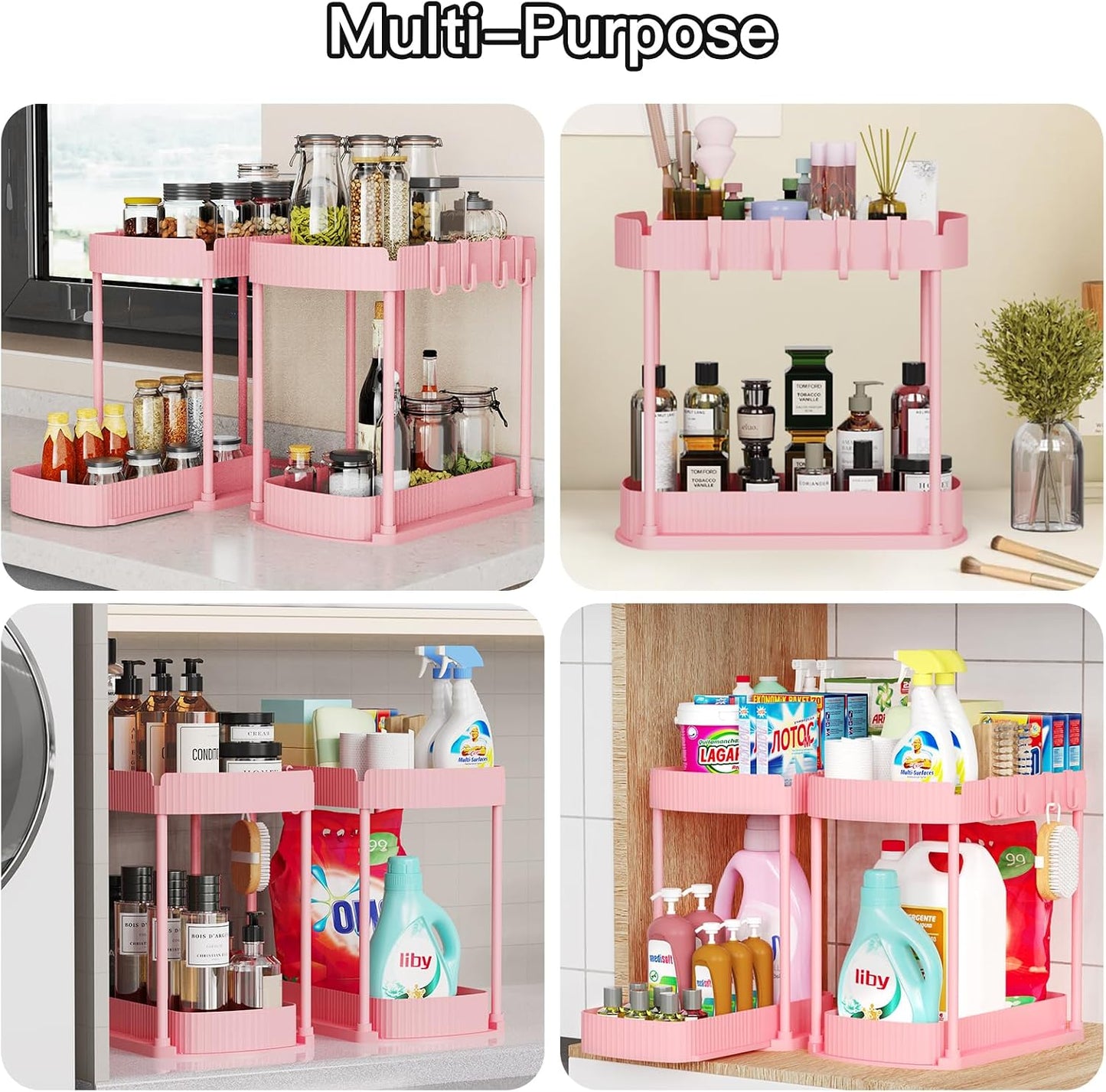 2 Packs Under Sink Pull-Out Storage Organizers, 12.8 Inches, Black | Multi-Purpose Cabinet Organizers and Storage for Bathroom & Kitchen